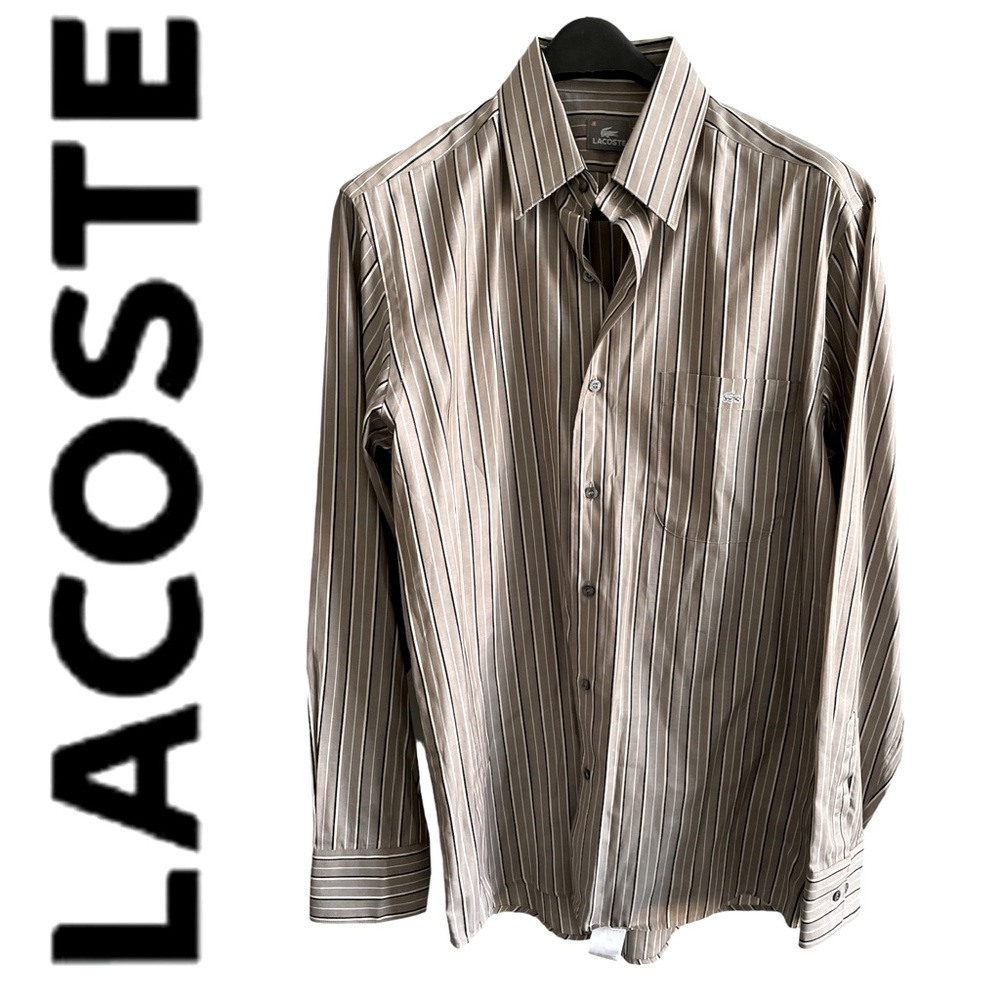 LACOSTE men’s taupe striped button down shirt sz 41 / M NWOT